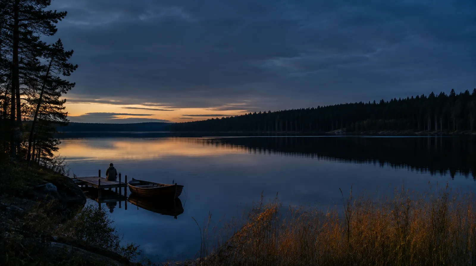 Brygga och roddbåt vid en skogssjö i blå timmen