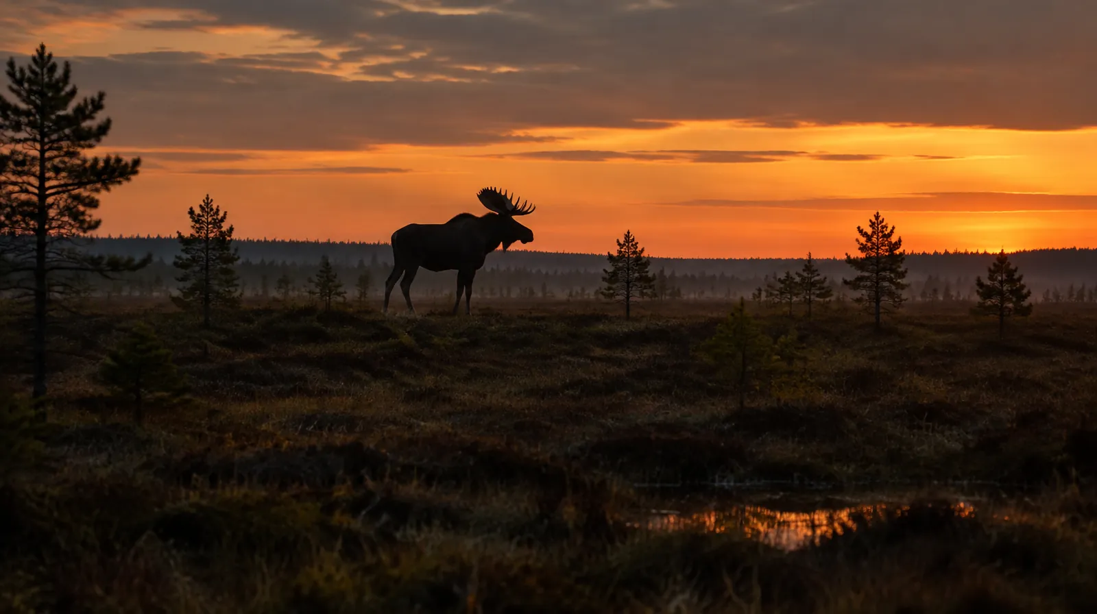 Älg i siluett på en myr i solnedgången